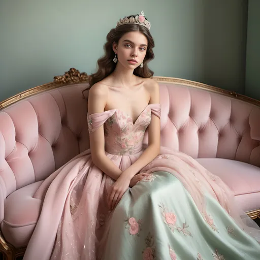 Prompt: Bathed in soft, natural light, a young woman sits gracefully on an elegant pink upholstered sofa, exuding a regal presence complemented by her sparkling tiara. She wears a stunning gown that features intricate floral embroidery on a fitted bodice and a flowing, layered skirt in soft pastel shades of blush and mint green, accentuating her poised demeanor. Surrounding her are beautifully crafted stained glass windows adorned with delicate pink roses, which mirror the floral elements of her dress and add to the enchanting atmosphere of the room. The rich wooden paneling and warm tones create a cozy yet sophisticated setting, inviting viewers to appreciate the serene elegance of the moment, filled with a sense of timeless beauty and grace.