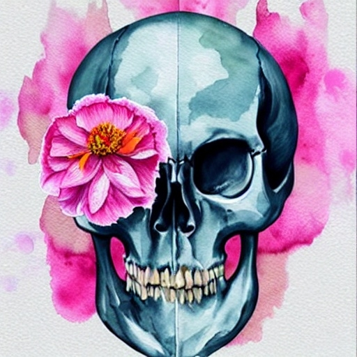 Prompt: a watercolor painting of a skull with a flower in its hair and a pink flower in its mouth, Annabel Eyres, vanitas, skull, a watercolor painting