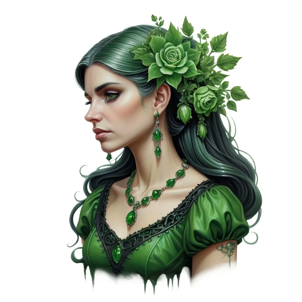 Prompt: a painting of a woman with flowers in her hair and a green dress with a green necklace and green earrings, Anne Stokes, gothic art, highly detailed digital painting, a detailed painting