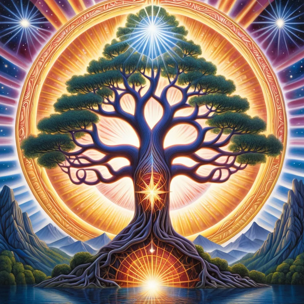 Prompt: a tree with a light in it and a star above it, surrounded by mountains and water, with a bright light shining in the center, Alex Grey, fantasy art, key art, poster art