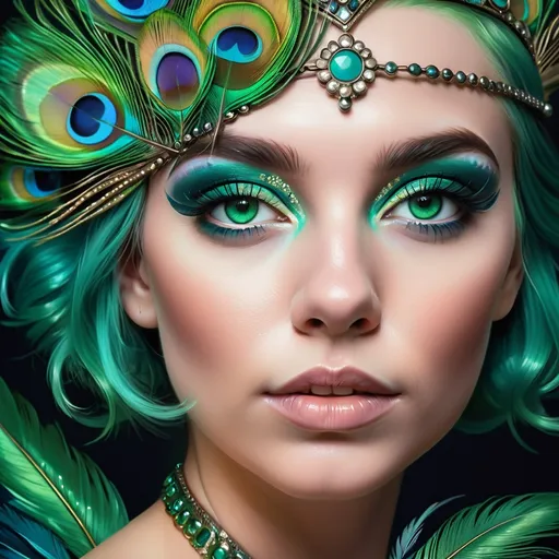 Prompt: a  closeup of a woman with green hair and green eyes wearing a peacock feather headpiece with turquoise accents and pretty makeup, art deco, affinity photo, a photorealistic painting