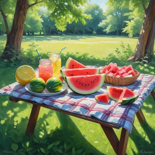 Prompt: Lush picnic scene with lemonade and watermelon, vibrant colors, impressionistic painting, dappled sunlight filtering through foliage, high quality, vibrant, impressionistic, lush greenery, leisurely, refreshing lemonade, juicy watermelon slices, serene atmosphere, dappled sunlight, leisurely picnic, inviting, idyllic setting