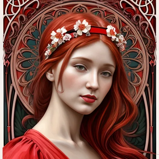 Prompt: a painting of a woman with red hair and a red dress and a flowered headband on her head, Elina Karimova, art nouveau, highly detailed digital painting, a detailed painting