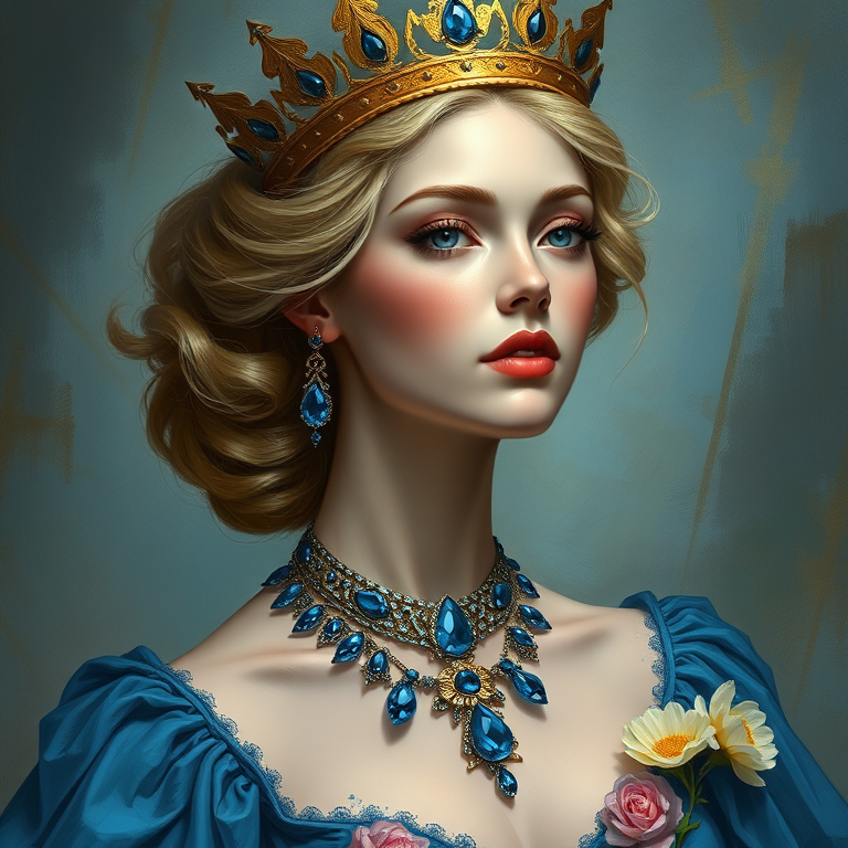 Prompt: a woman with a crown on her head and a necklace on her neck of sapphires, in a blue dress with flowers, Anne Stokes, fantasy art, highly detailed digital painting, a detailed painting