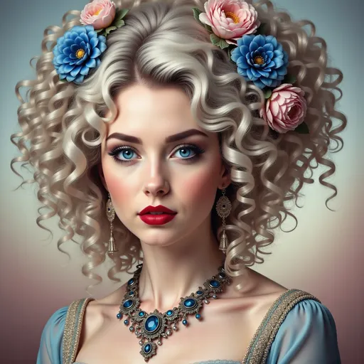 Prompt: a painting of a woman with blue eyes and a flower in her hair and a necklace on her head, Edwin Georgi, rococo, highly detailed digital painting, a detailed painting