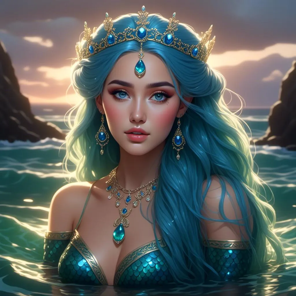 Prompt: <mymodel>HD 4k 3D 8k professional modeling photo hyper realistic beautiful woman ethereal greek goddess druid mermaid
cobalt blue hair olive skin gorgeous face  jewelry druid crown colored mermaid tail full body surrounded by ambient glow hd landscape under lush celtic waters

