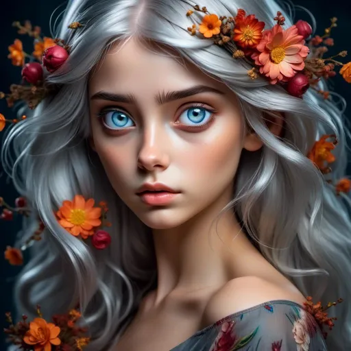 Prompt: <mymodel>Nataasha-Beautiful woman with flowers, oil painting, detailed fiery eyes, ethereal glow, dark and mysterious, high quality, vibrant colors, surreal, haunting, intricate floral details, intense gaze, mystical atmosphere, oil painting, demon, hybrid, fiery eyes, ethereal, vibrant colors, surreal, haunting, floral details, intense gaze, mystical atmosphere