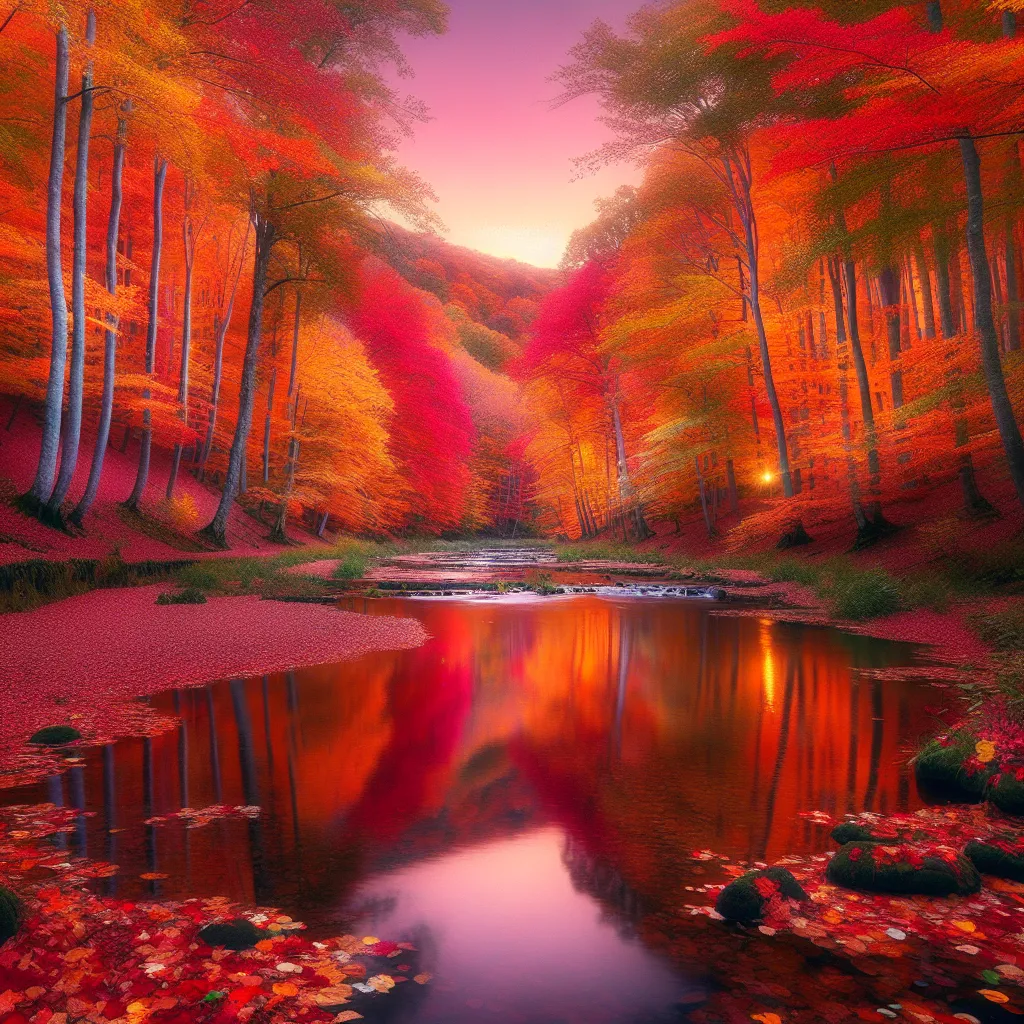 Prompt: An autumn landscape with reflective water