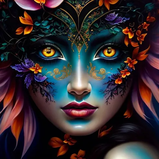 Prompt: Beautiful  hybrid woman with orange flowers sprouting from her, oil painting, detailed fiery eyes, ethereal glow, dark and mysterious, high quality, vibrant colors, surreal, haunting, intricate floral details, intense gaze, mystical atmosphere, oil painting, demon, hybrid, fiery eyes, ethereal, vibrant colors, surreal, haunting, floral details, intense gaze, mystical atmosphere