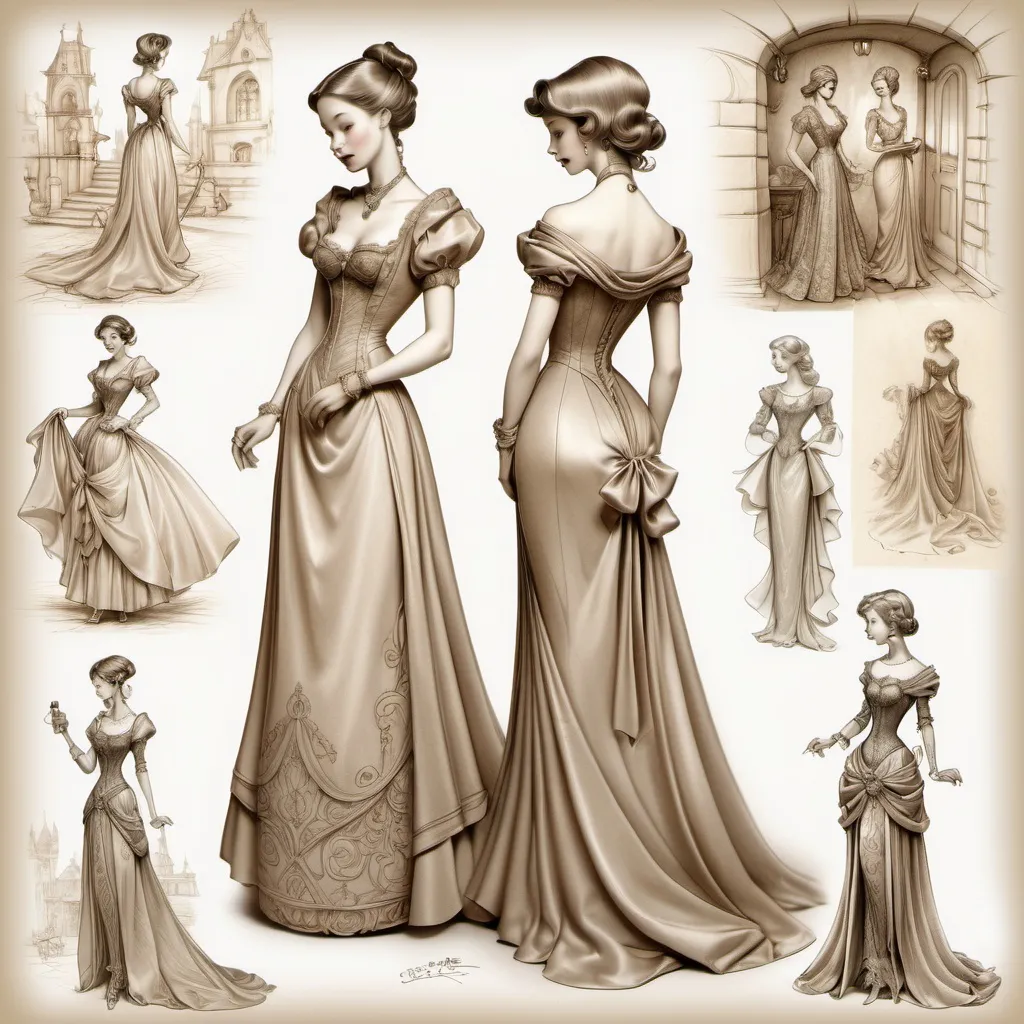 Prompt: Anton Pieck-style gown design sketches, vintage paper, line art, fantasy style, detailed, nostalgic, sepia tones, intricate linework, old-fashioned, vintage, high quality, professional, daring, satin silk, artistic, detailed, cozy atmosphere, antique style, romantic, soft lighting