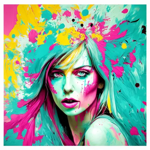 Prompt: woman, magenta and turquoise paint splatter