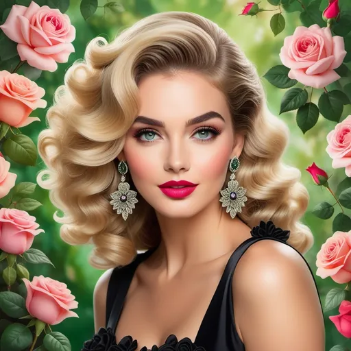 Prompt: Radiating vintage charm, the woman in the image possesses a stunning head of voluminous curls that transition from soft blonde to vibrant pink at the tips. Her striking features are accentuated by bold red lips and expressive eyes, framed with delicate earrings that resemble flowers. Against a lush backdrop of green leaves and an array of pastel-colored roses, her elegant black dress adorned with intricate patterns further enhances the overall opulence of the scene. The soft, diffused lighting creates a dreamy atmosphere, highlighting both the elegance of the subject and the rich, harmonious colors of the floral composition, evoking a sense of beauty and nostalgia.