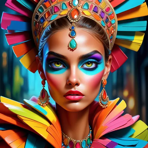 Prompt: digital painting, dramatic colourful makeup, high fashion, intense gaze, realistic portrayal, vibrant colors, detailed features, highres, professional, dramatic, realistic, digital painting, intense gaze, vibrant colors, detailed features, high fashion, glamorous lighting