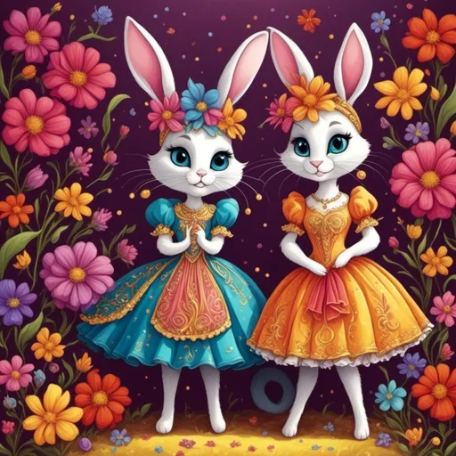 Prompt: <mymodel>Funny illustration of a anthropomorphic rabbit and cat in beautiful dresses , Tim Burton style eyes, bright and colorful, whimsical bright colorful background, comical expressions, high quality, detailed fur, playful, cartoonish, vibrant colors, imaginative lighting