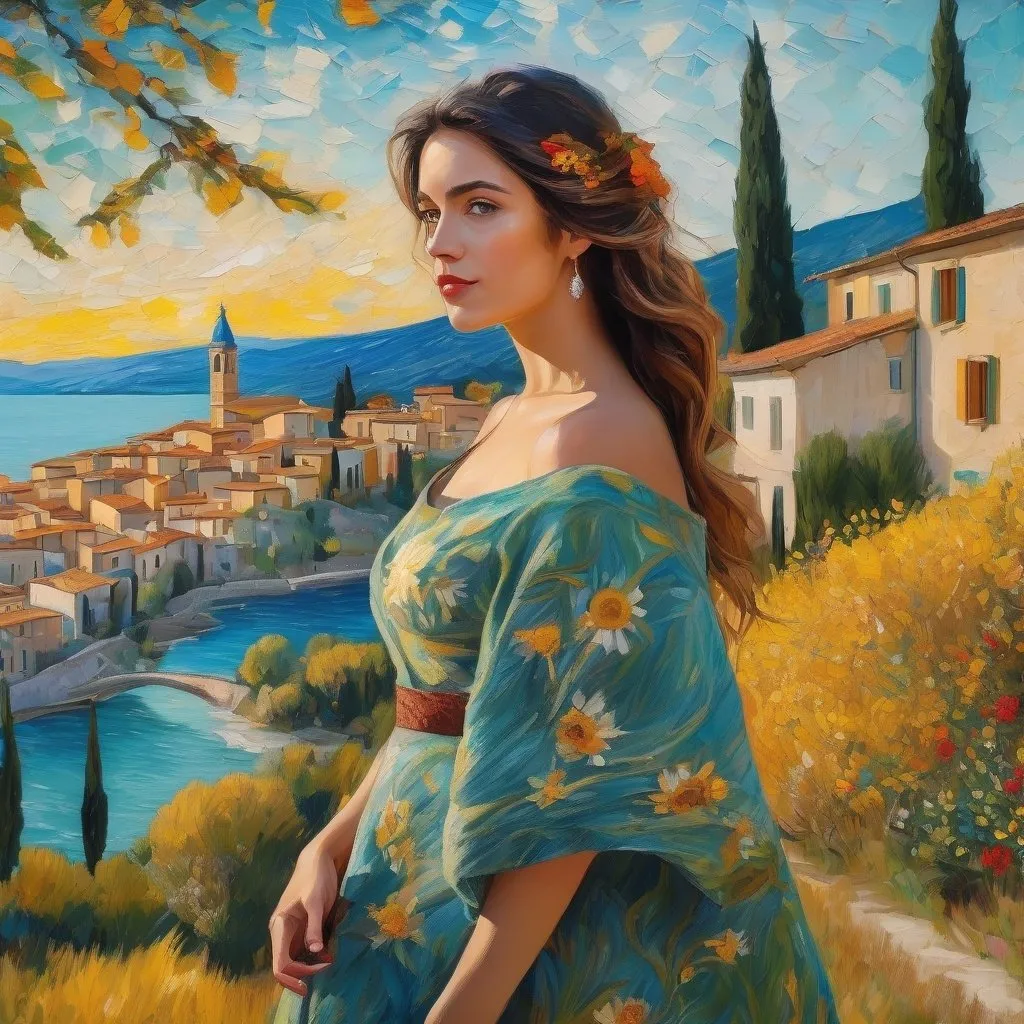 Prompt: <mymodel>Beautiful italian lady in an beautiful landscape of Umbrië, Style Flora Bowley and Vincent van Gogh,8k, dynamic lighting, ultra detailed