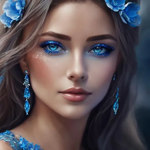 Prompt: Realistic portrayal of blue beauty, photorealistic, serene water reflection, detailed facial features, flowing blue gown, high resolution, vivid realism, professional, peaceful ambiance, calming lighting, elegant hair, graceful pose, tranquil atmosphere, photorealism, detailed eyes, flowing fabric, serene, calming tones, natural lighting