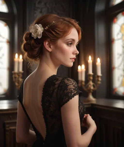 Prompt: Bathed in the soft glow of flickering candlelight, a poised young woman stands in a richly adorned room, her elegant silhouette framed against the dark, moody backdrop of ornate windows. The delicate features of her profile reveal a serene expression, accentuated by her luxurious auburn hair, elegantly arranged with a striking white flower. Clad in a stunning black gown with intricate lace detailing and frothy red sleeves, she embodies a blend of grace and mystery. The interplay of light and shadows enhances the vintage atmosphere, evoking a sense of timeless beauty and intrigue, as the candles around her flicker gently, casting a warm glow that invites contemplation.