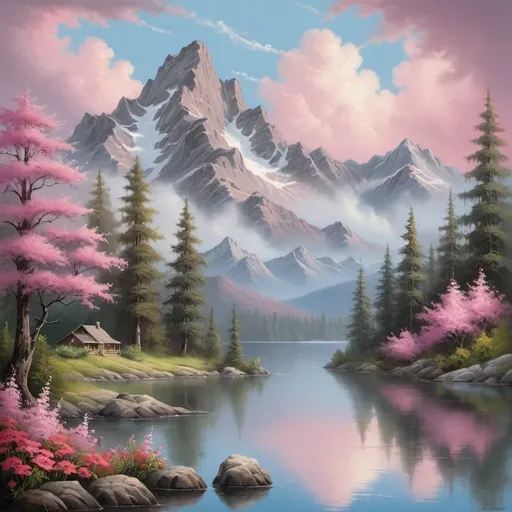 Prompt: a painting of a mountain lake surrounded by flowers and trees with a sky background and a pink sky and clouds, Bob Ross, fantasy art, kinkade, a detailed matte painting