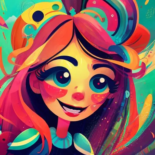 Prompt: Colorful cartoon illustration of a whimsical girl, vibrant and playful, cartoon style, bright and cheerful, colorful outfit with bold patterns, expressive eyes and exaggerated features, dynamic pose with a sense of movement, best quality, highres, vibrant colors, cartoon, whimsical, playful, dynamic, colorful design, expressive characters, animated, cheerful lighting