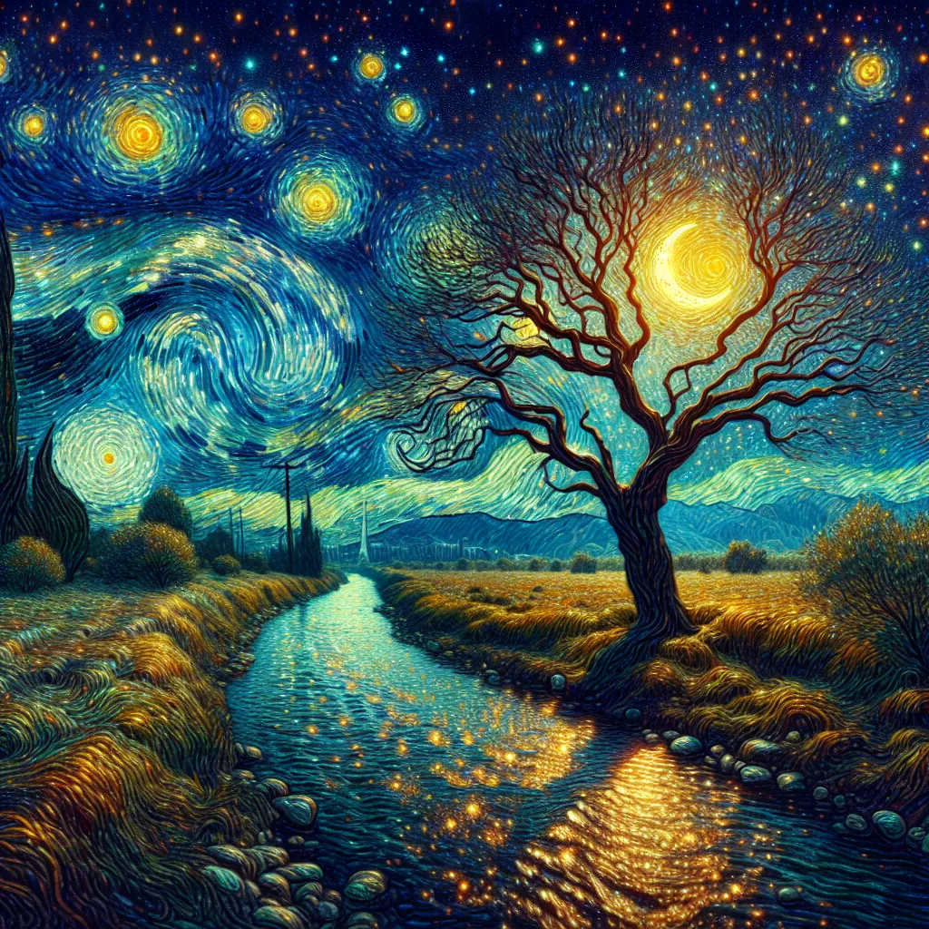 Prompt: a painting of a tree and a stream under a night sky with stars and the moon in the sky, Dan Mumford, Van Gogh sky, psychedelic art, highly detailed digital painting, a detailed painting