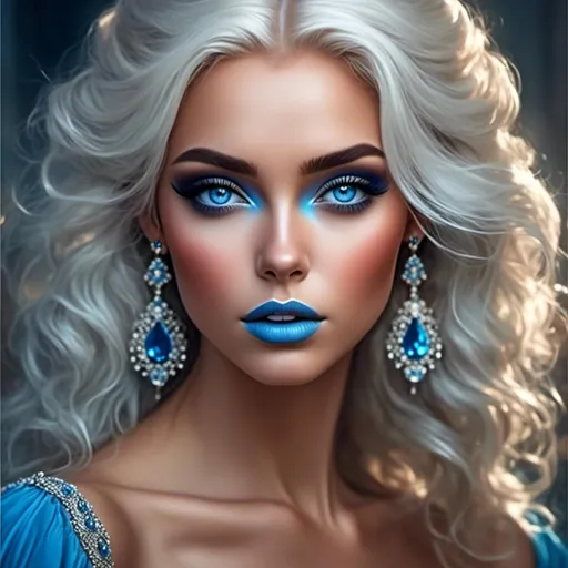 Prompt: <mymodel>A beautiful woman, white hair, blue eyes, blue eyeshadow, blue jewels o