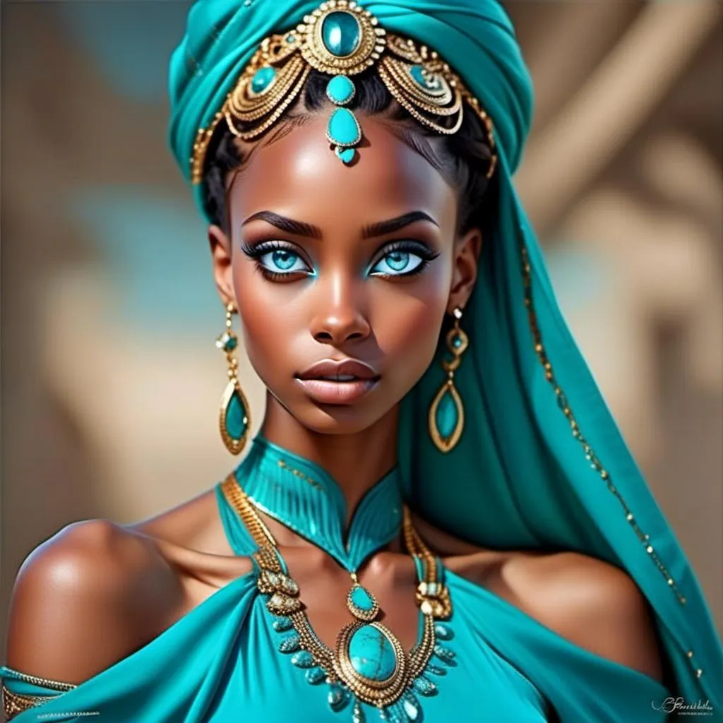 Prompt: <mymodel>An extremely gorgeous woman,  with turquoise jewels, in color scheme of turquoise and gold
