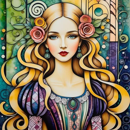 Prompt: Abstract encaustic texture, gradient inking colors, Jessica Galbreth, Irmgard Schoendorf Welch, Javier Mariscal, Charles Rennie Mackintosh, Lee Mullican style, a beautiful whimsical young woman, wonderland, decoupage.