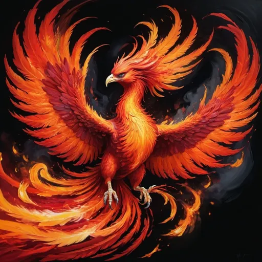 Prompt: Vibrant, high-contrast painting of a fiery phoenix, bold red and orange hues, dynamic and fierce energy, swirling flames and feathers, 4k, ultra-detailed, abstract, intense red, dramatic lighting, passionate