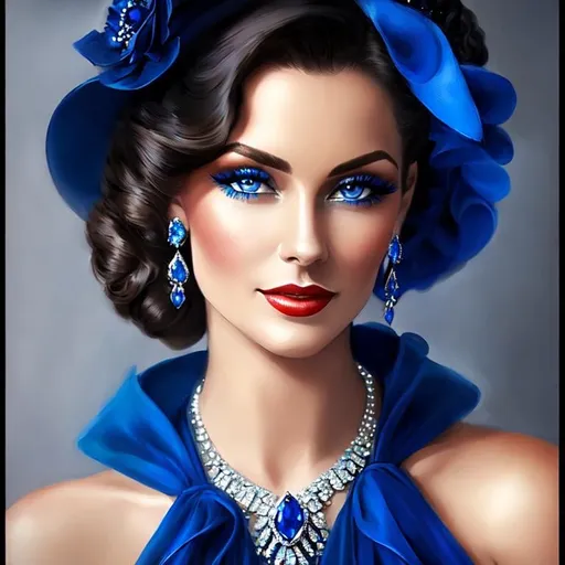 Prompt: <mymodel>Glamorously dressed lady of rhe 1930's wearing sapphire jewelry,blue eyes