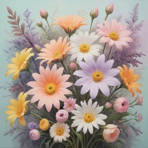 Prompt: Pastel-themed painting of flowers 