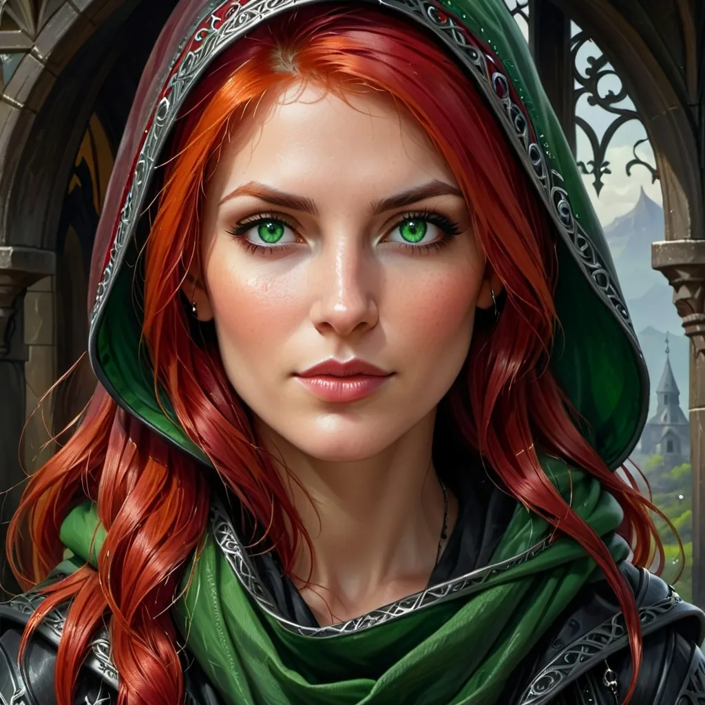 Prompt: a painting of a woman with red hair and green eyes, with a scarf around her neck and a hood on, Anne Stokes, gothic art, highly detailed digital painting, a photorealistic painting