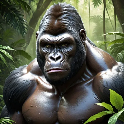 Prompt: Highly detailed digital painting of a human/gorilla hybrid, realistic fur texture, intense and piercing gaze, muscular and powerful physique, jungle setting with lush green foliage, highres, ultra-detailed, digital painting, realistic, intense gaze, muscular physique, jungle setting, lush foliage, hybrid creature, professional, atmospheric lighting