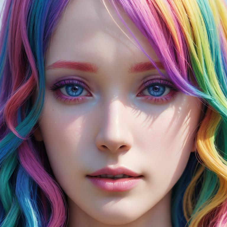 Prompt: HDR, UHD, 64k, best quality, pale skin, unrealistically, rainbow colored hair,  UHD, hd , 64k, , hyper realism, Very detailed, full body, hyper realism, Very detailed, female anime, slender body, in hyperrealistic detail, rainbow hair, facial closeup