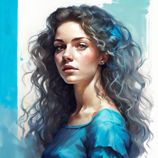 Prompt: a woman with beautiful wavy hair wearing a blue dress