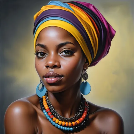 Prompt: a painting of a  black woman with a colorful head scarf on her head and a necklace on her neck and a necklace on her neck, Art Brenner, figurative art, highly detailed digital painting, a photorealistic painting <mymodel>