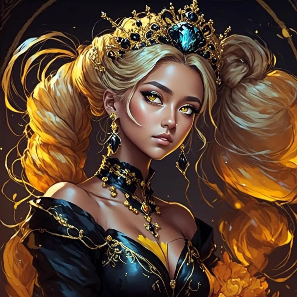 Prompt: <mymodel>Queen bee-A beautiful woman with golden hair arrainged in a top knot behind a gold tiara. Amber colored eyes, gown in colors of yellow and black, facial closeup