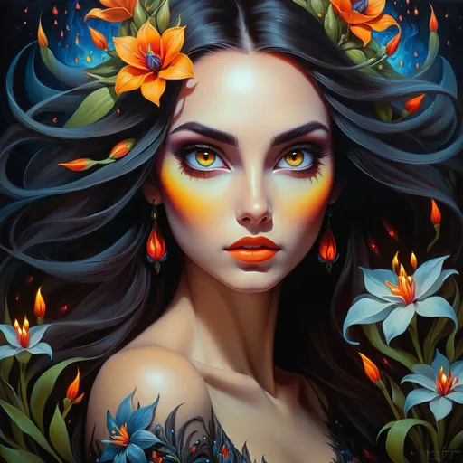 Prompt: Beautiful  hybrid woman with flowers sprouting from her, oil painting, detailed fiery eyes, ethereal glow, dark and mysterious, high quality, vibrant colors, surreal, haunting, intricate floral details, intense gaze, mystical atmosphere, oil painting, demon, hybrid, fiery eyes, ethereal, vibrant colors, surreal, haunting, floral details, intense gaze, mystical atmosphere