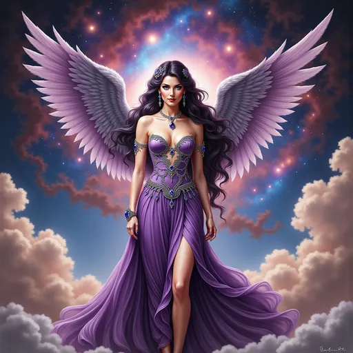 Prompt: A winged woman with raven black hair and purple eyes, adorned with amethyst jewels, wearing a flowing purple gown standing in an ethereal nebula background, full body, highres, detailed, fantasy, vibrant colors, flowing and ethereal clothes, radiant lighting, majestic, surreal, paradise setting, 