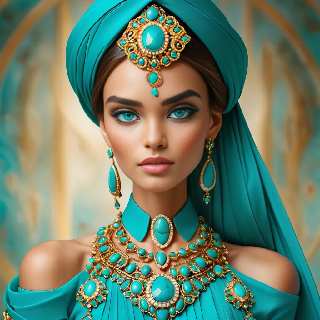 Prompt: <mymodel>An extremely gorgeous woman,  with turquoise jewels, in color scheme of turquoise and gold