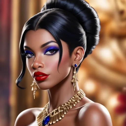 Prompt: African-American woman with black hair in an updo, pretty makeup, red lips, wearing sapphire jewelry, facial closeup
