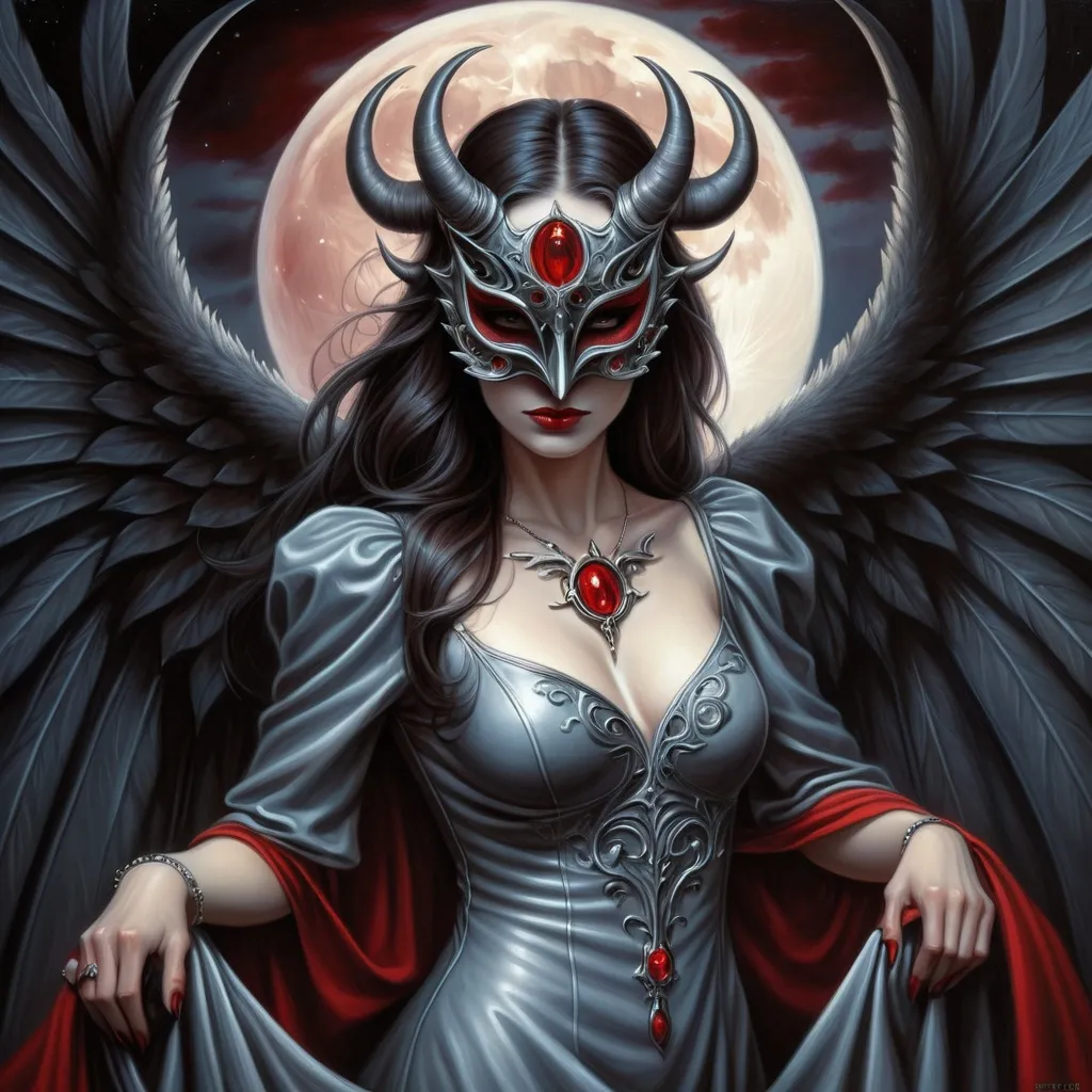 Prompt: a woman with a red dress and a horned mask on her face and wings, standing in front of a full moon, Anne Stokes, gothic art, dark fantasy art, a detailed painting