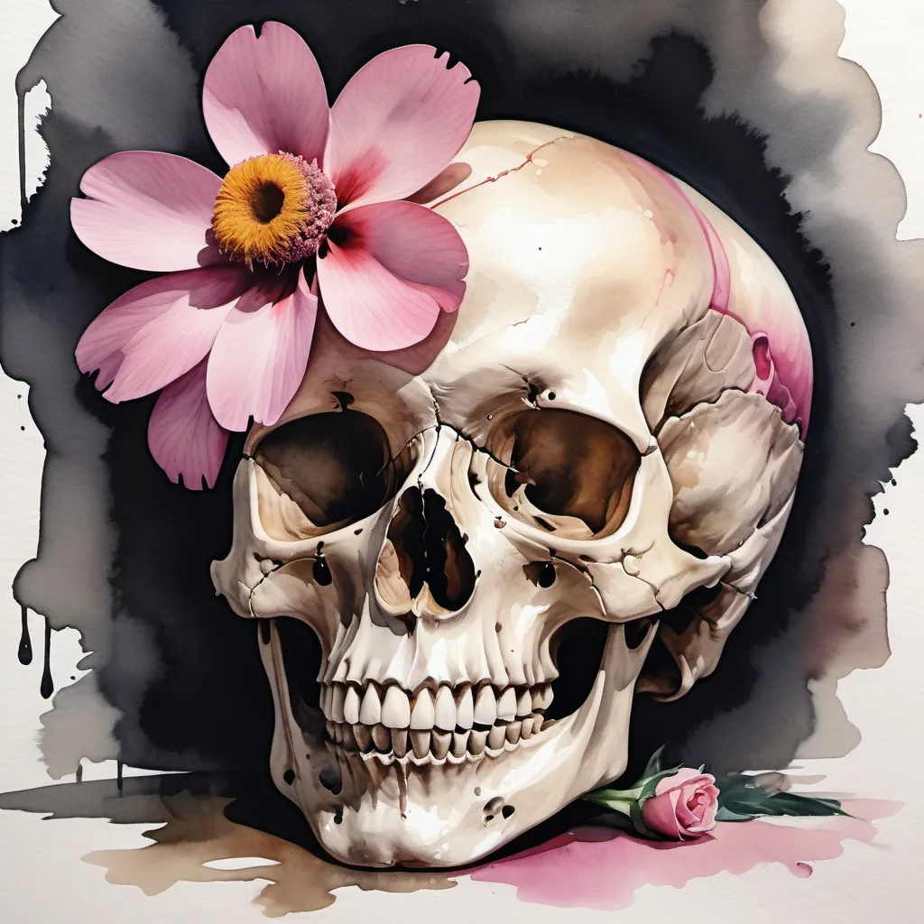 Prompt: a watercolor painting of a skull with a flower in its hair and a pink flower in its mouth, Annabel Eyres, vanitas, skull, a watercolor painting