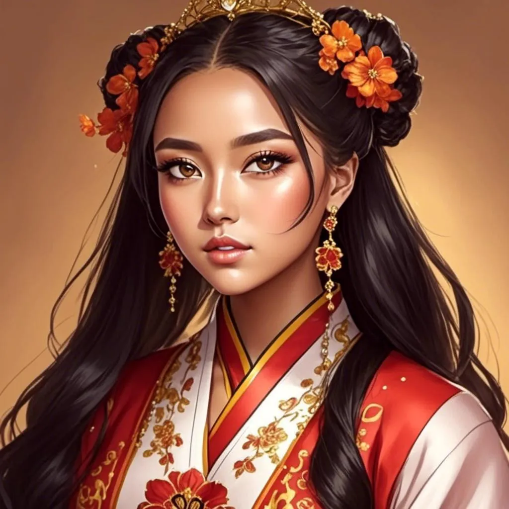 Prompt: <mymodel>A beautiful Korean young woman with long black hair and dark skin with large brown eyes  dressed in traditional Korean clothing 