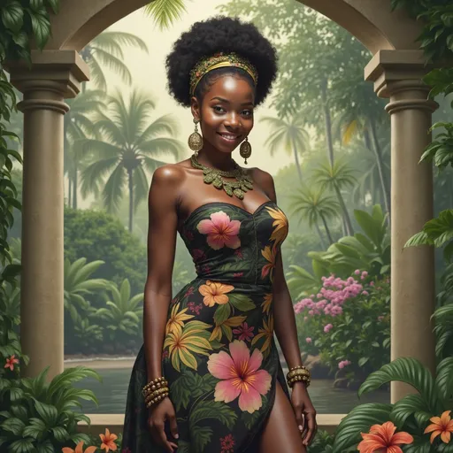 Prompt: Bathed in the warmth of a tropical paradise, a stunning woman stands gracefully amid lush greenery, adorned in a vibrant dress decorated with colorful floral patterns. Her exuberantly styled curls frame her cheerful visage, accentuated by bright earrings that catch the sunlight, making her smile radiate an inviting charm. Behind her lies a serene beach scene, where gentle waves lap against the shore under a sky painted with soft pastel hues, hinting at the golden hour of sunset. The composition captures a harmonious interplay of colors and textures, with tropical plants and vivid flowers enhancing the lively atmosphere, evoking feelings of joy and tranquility in this idyllic setting.