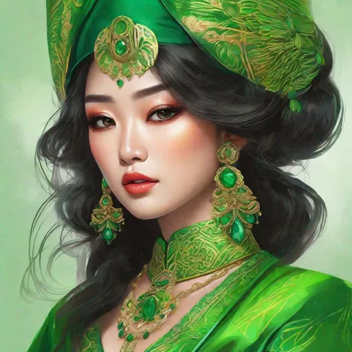 Prompt: <mymodel>Detailed illustration of a asian woman in vibrant green attire, large vivid green eyes, elegant makeup, digital painting, high resolution, realistic style, vibrant green, professional lighting