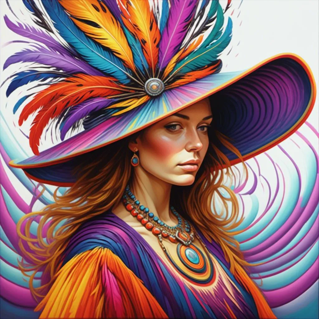 Prompt: <mymodel> a painting of a woman wearing a colorful hat with feathers on it's head and a necklace on her neck, Alejandro Burdisio, psychedelic art, highly detailed digital painting, an airbrush painting