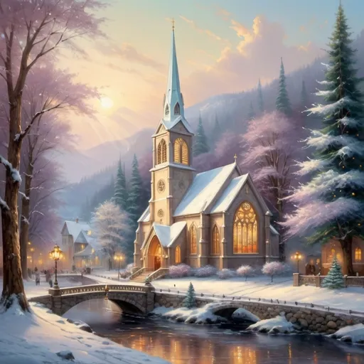 Prompt: kinkade like romantic cathedral in winter, shining windows, large christmas tree, 