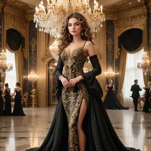 Prompt: Radiating elegance, a stunning woman stands poised in a lavish indoor setting characterized by opulent chandeliers and rich decor, suggesting a grand ballroom atmosphere. She dons a breathtaking black gown adorned with intricate gold embroidery, perfectly complementing her glowing skin and exquisite features, while her hair is styled in soft, voluminous curls that frame her face beautifully. The warm lighting casts a soft glow, accentuating the luxurious textures of her dress and adding depth to the ornate surroundings. With a confident yet serene expression, she embodies grace and sophistication, perfectly capturing the essence of a high-end fashion moment within this refined environment.