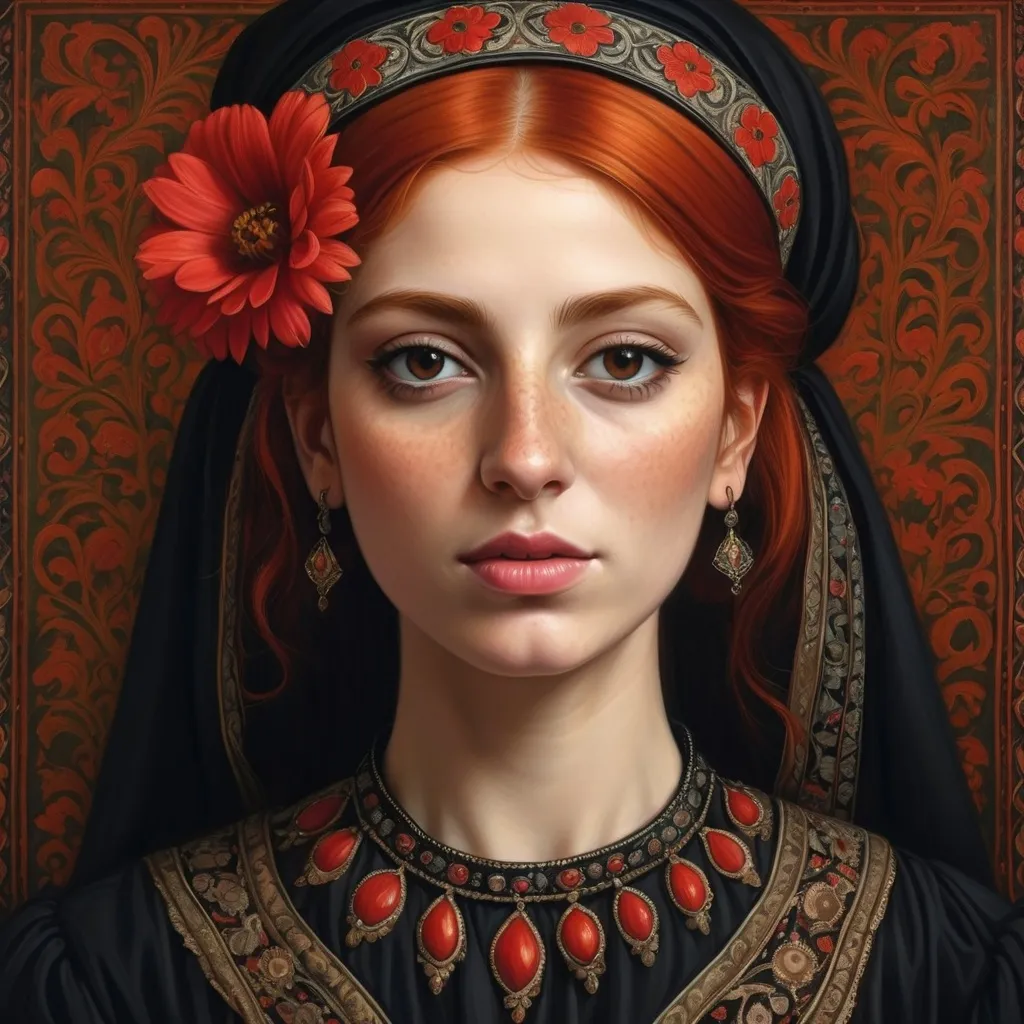 Prompt: a painting of a woman with red hair and a red flower in her hair, wearing a black dress and a red headband, Altoon Sultan, qajar art, highly detailed digital painting, a detailed painting