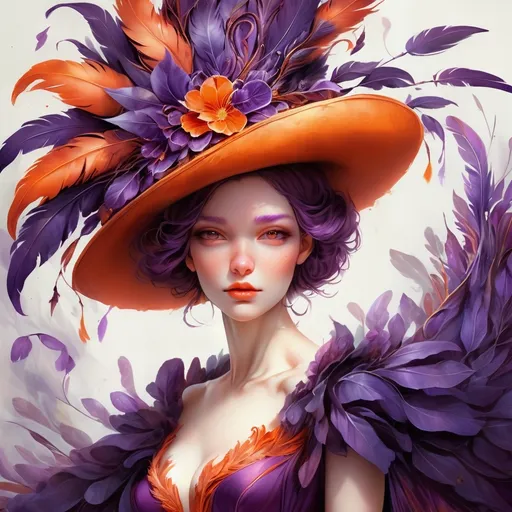 Prompt: a woman wearing a large hat with feathers on it's head and a purple dress with orange trim, Anna Dittmann, fantasy art, highly detailed digital painting, an ultrafine detailed painting